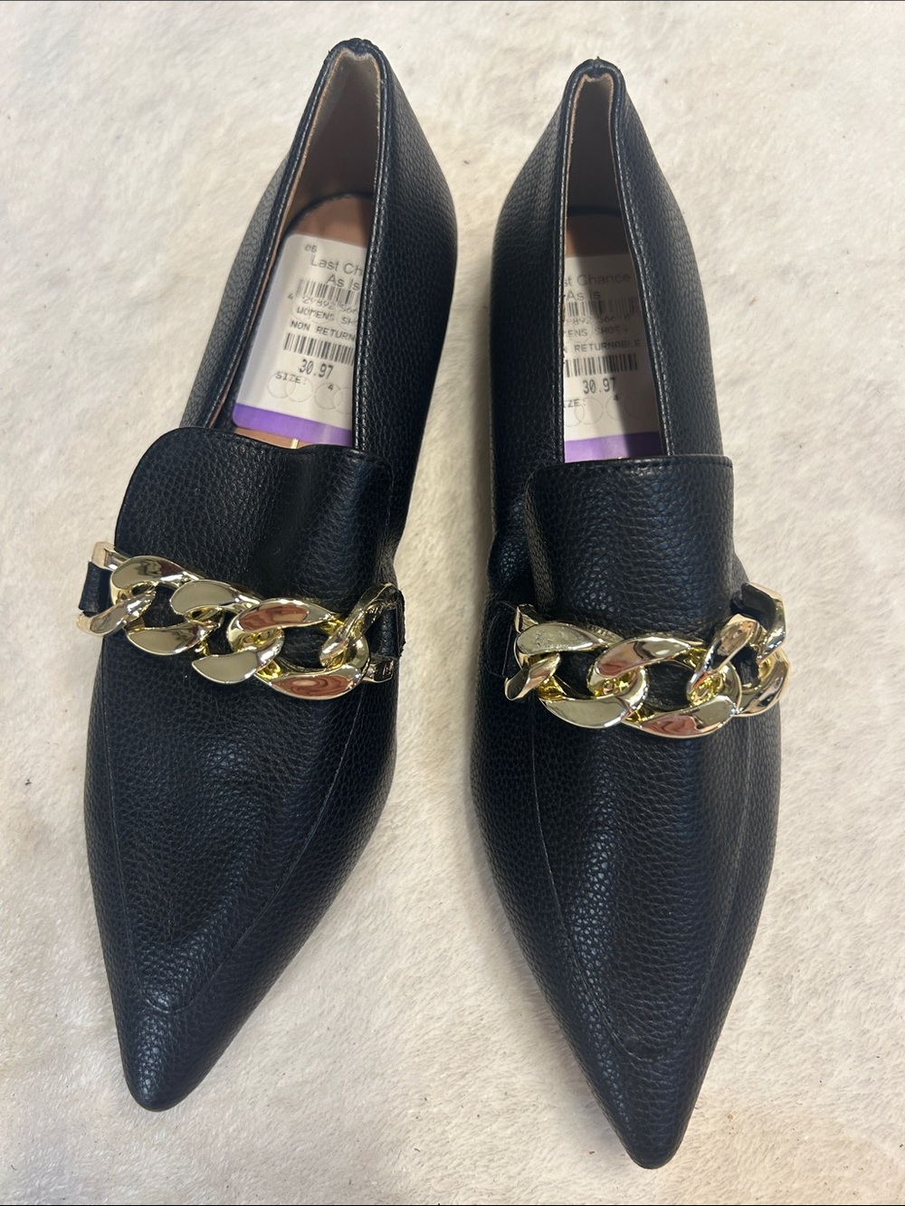 Paolo Black Pointed Loafers with Gold Chain